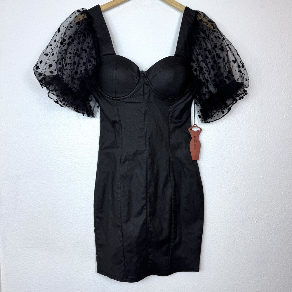 New Haute Monde Faux Leather Mini Dress Womens Small Sheer Puff Polka Dot Sleeve